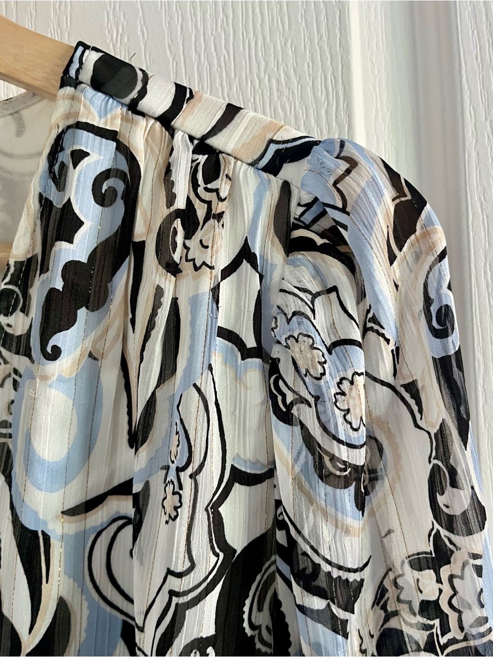 MELANIE LYNE  Sheer Paisley Smocked Blouse – Petite Small - Picture 7 of 13